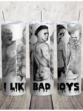 Hand Crafted Black and White Horror Character Skinny Tumbler - I Like Bad Boys